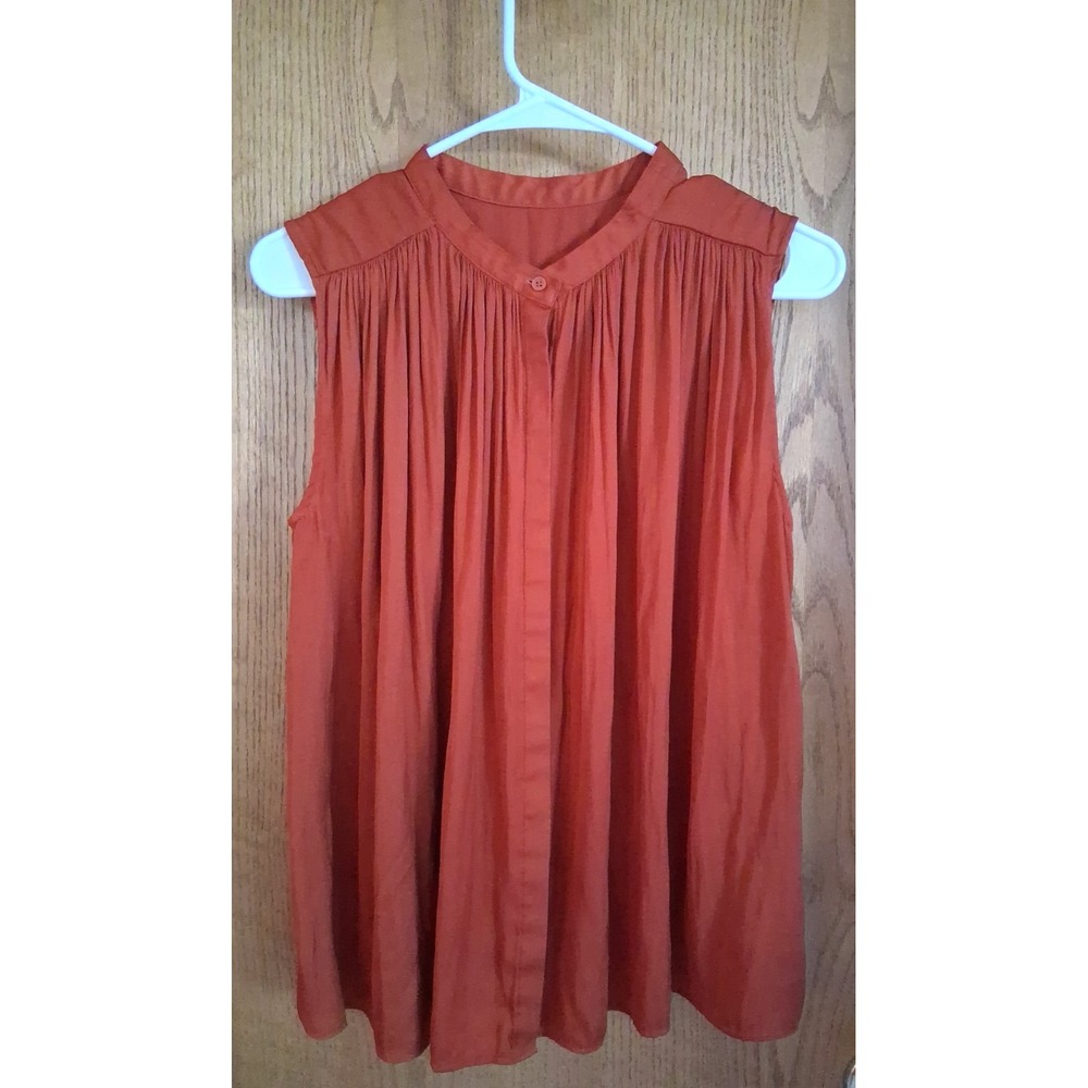 PLST Women's M Pleated Sleeveless Button Front Blouse Flowy Dressy Rust Copper